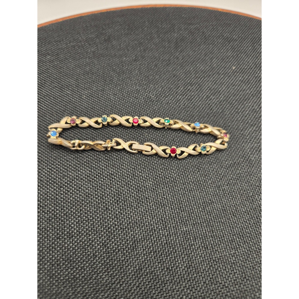 Vintage Gold Tone Multi Color Rhinestone X and O Link Bracelet Korea 7 Inch